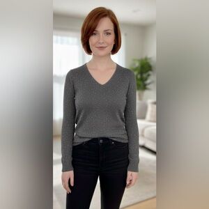 ANN TAYLOR Gray Sparkly Cashmere Vneck Long Sleeve Sweater Top Large